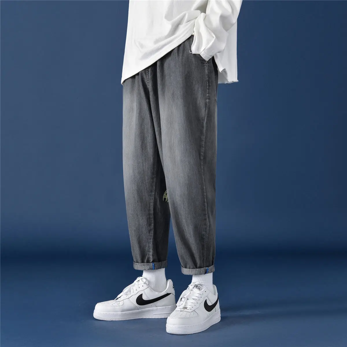 

2020 Autumn Winter Men's Jeans Solid Color Letter Printed Hip-hop Monster Regular Casual Loose Small Straight Pants Slacks