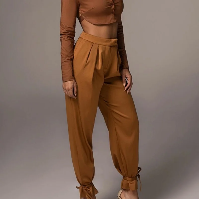 

Women High Waist Fashion Casual Straight Pants 2021 Solid Color Belt Trousers Long Cargo Bunched Pant for Female Streetwear Pop