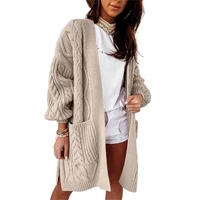 2021 vintage womens lantern sleeve pocket knitted cardigan sweater female warm casual loose oversized open stitch sweaters