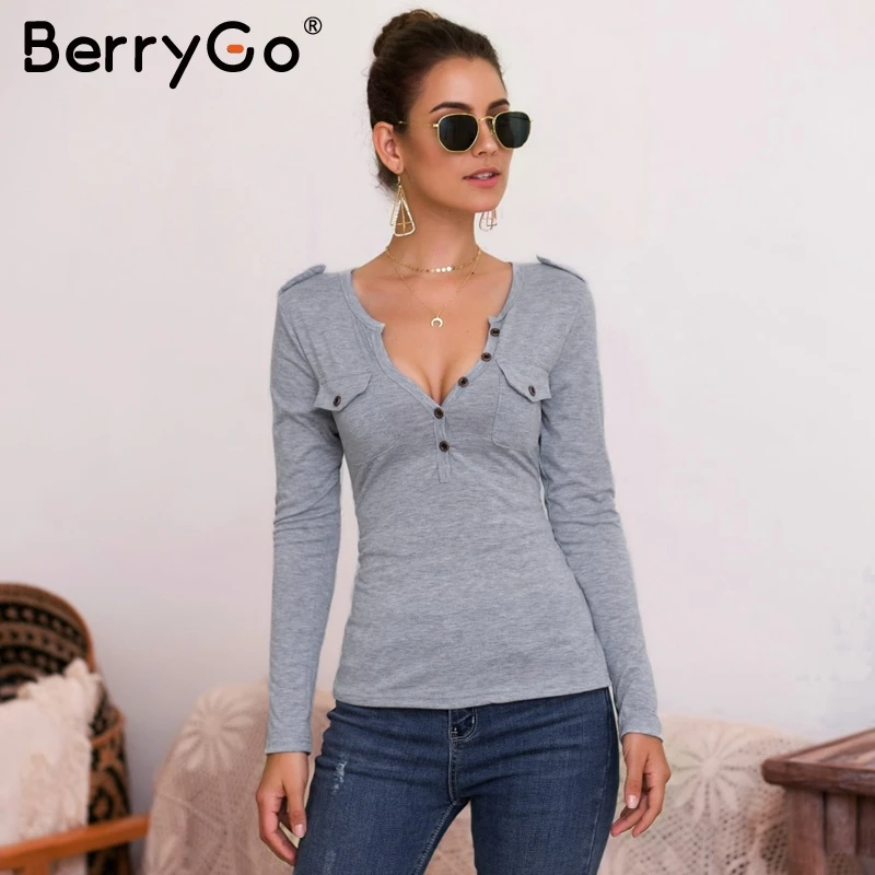 BerryGo сексуальные трикотажные футболки с v-образным вырезом Женские повседневные