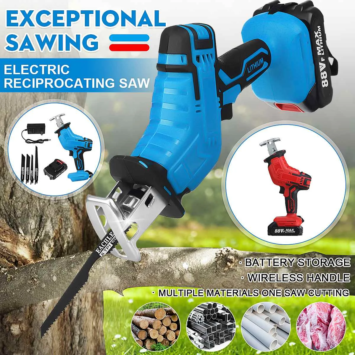 

88V Cordless Reciprocating Saw + 4 Saw Blades Metal Cutting Wood Tool Portable Woodworking Cutters with 1/2 Batterys Charge