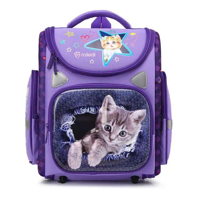 purple cat Ортопедические школьные рюкзаки для девочек мультяшный Кот 3D сложенные рюкзаки для мальчиков Водонепроницаемая детская школьная сумка Mochila Escolar - Цвет: purple cat