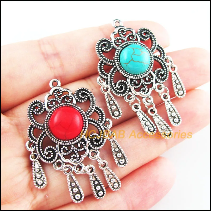 4 шт. ретро Тибетский Серебряный тон Облака цветок Ленточки синего и красного