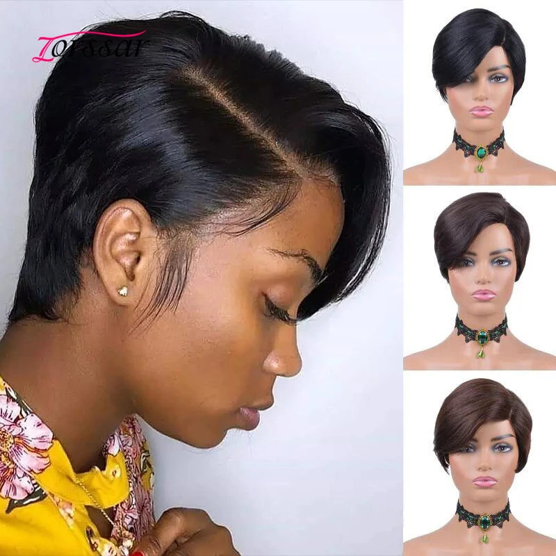 

Lace Human Hair Wigs Short Pixie Cut Straight Bob Lace Wig Human Hair Wigs For Women Lace Part Human Hair Wig With Bang Remy