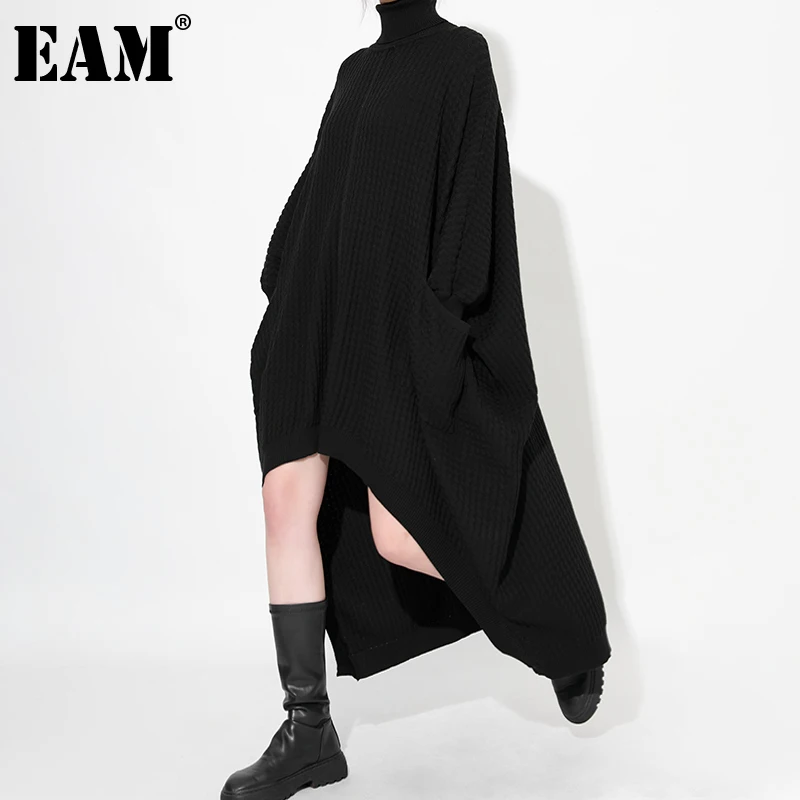 

[EAM] Women Black Irregular Big Size Knitting Dress New Turtleneck Long Sleeve Loose Fit Fashion Autumn Winter 2022 1DE422401