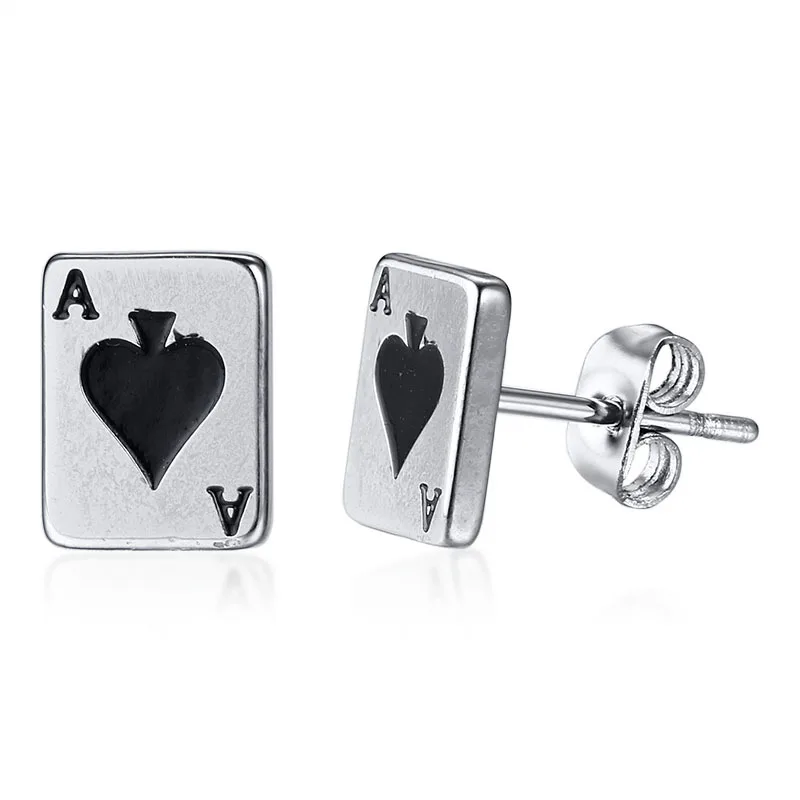 Модные серьги гвоздики Ace of Spades для мальчиков из нержавеющей стали покерные карты