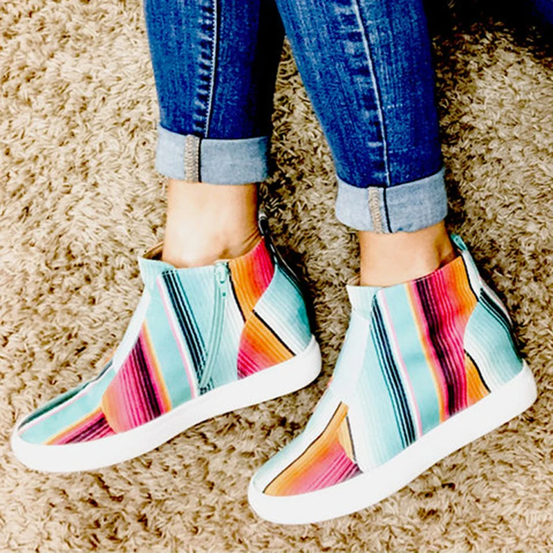 

Autumn women's Comfortable Casual Shoes With Increased Inner Mixed Color Stripes Fashion PU Zipper women's Shoes