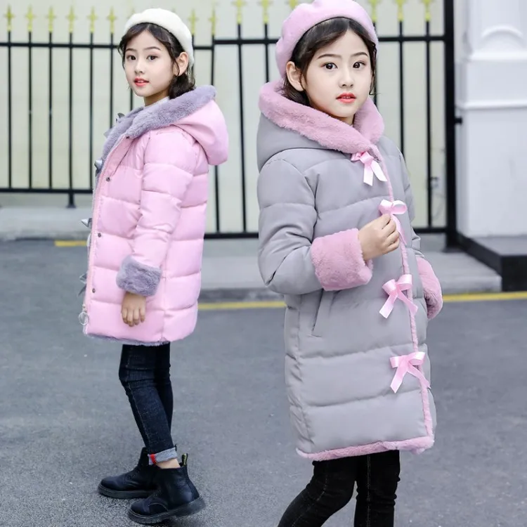 Princess Fur Winter Jackets for Girl Students 7 8 9 10 years Warm Kids Parkas Cotton-padded Pink Gray Black Color | Детская одежда и