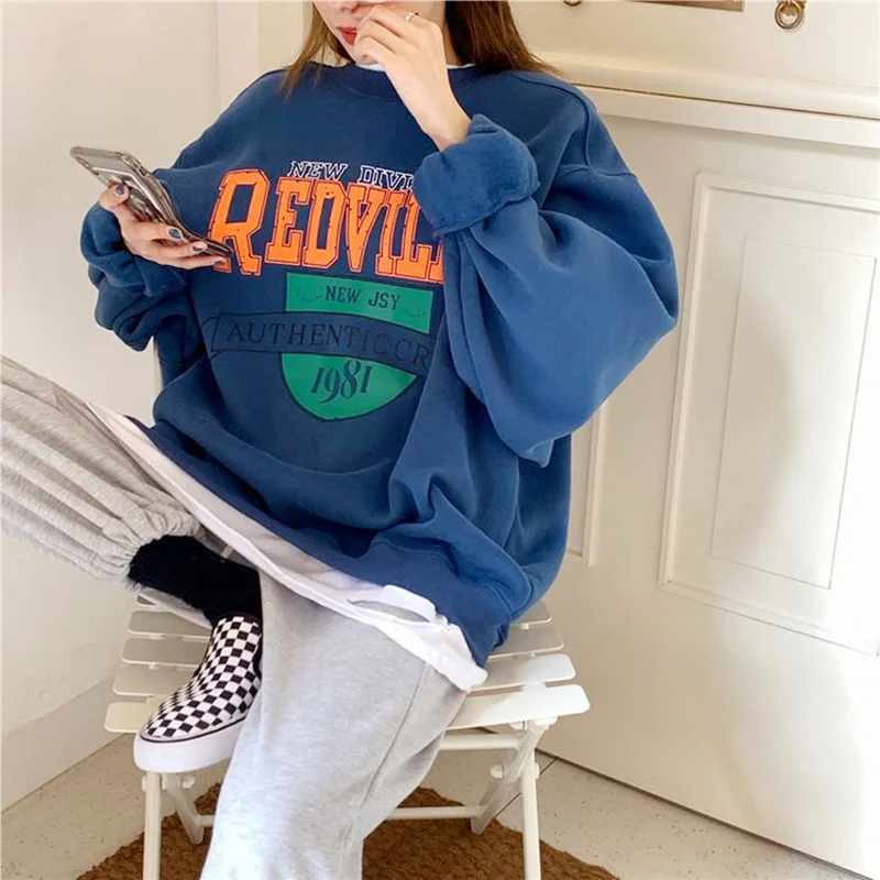 

New Women's Oversized Sweatshirts Autumn Fake Two Pieces Tracksuit Letter Winter Clothes Long Sleeve Top