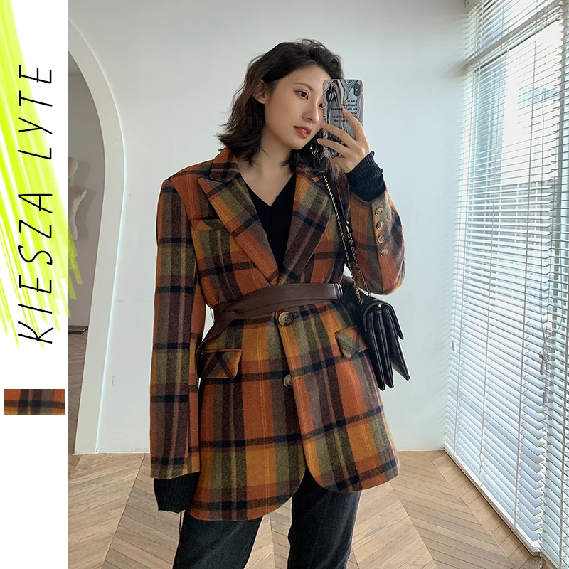 Женский шерстяной клетчатый блейзер в стиле ретро винтажный приталенный