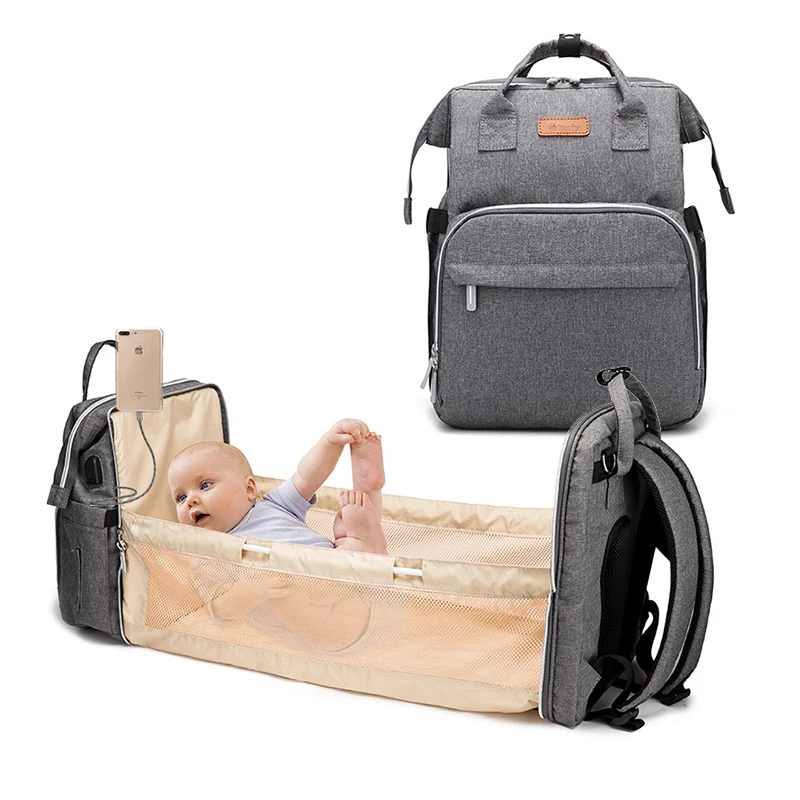 Diaper Bag Multifunctional Baby Folding Bed Bags Moms and Dads USB Backpack Maternity Nursing Handbag Stroller Bag