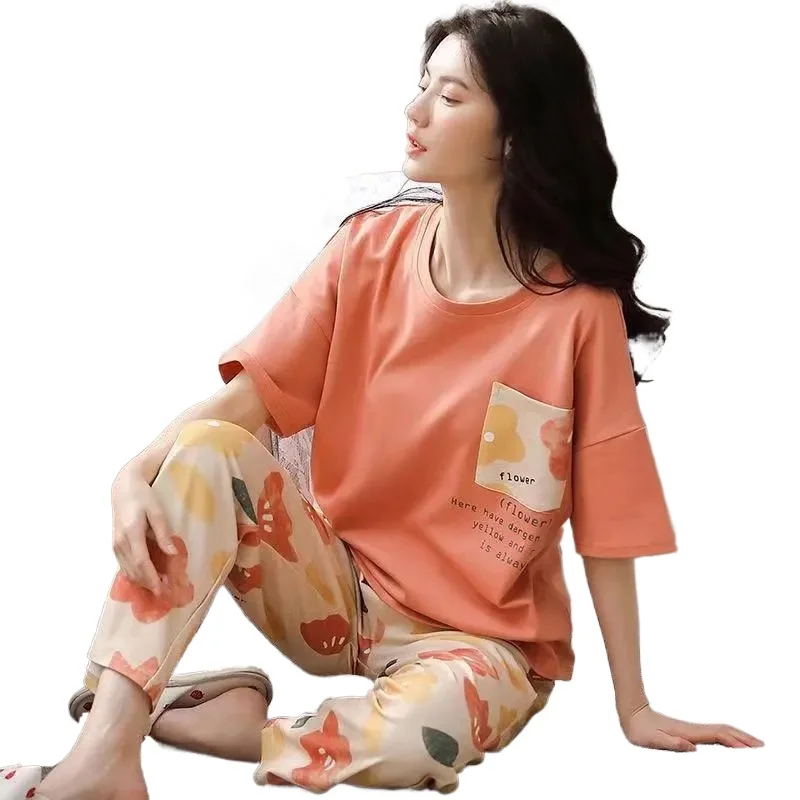 

Short-sleeved Trousers Pajamas for Women Summer Cotton Two-piece Home Suit Cartoon Print Pyama Woman Set
