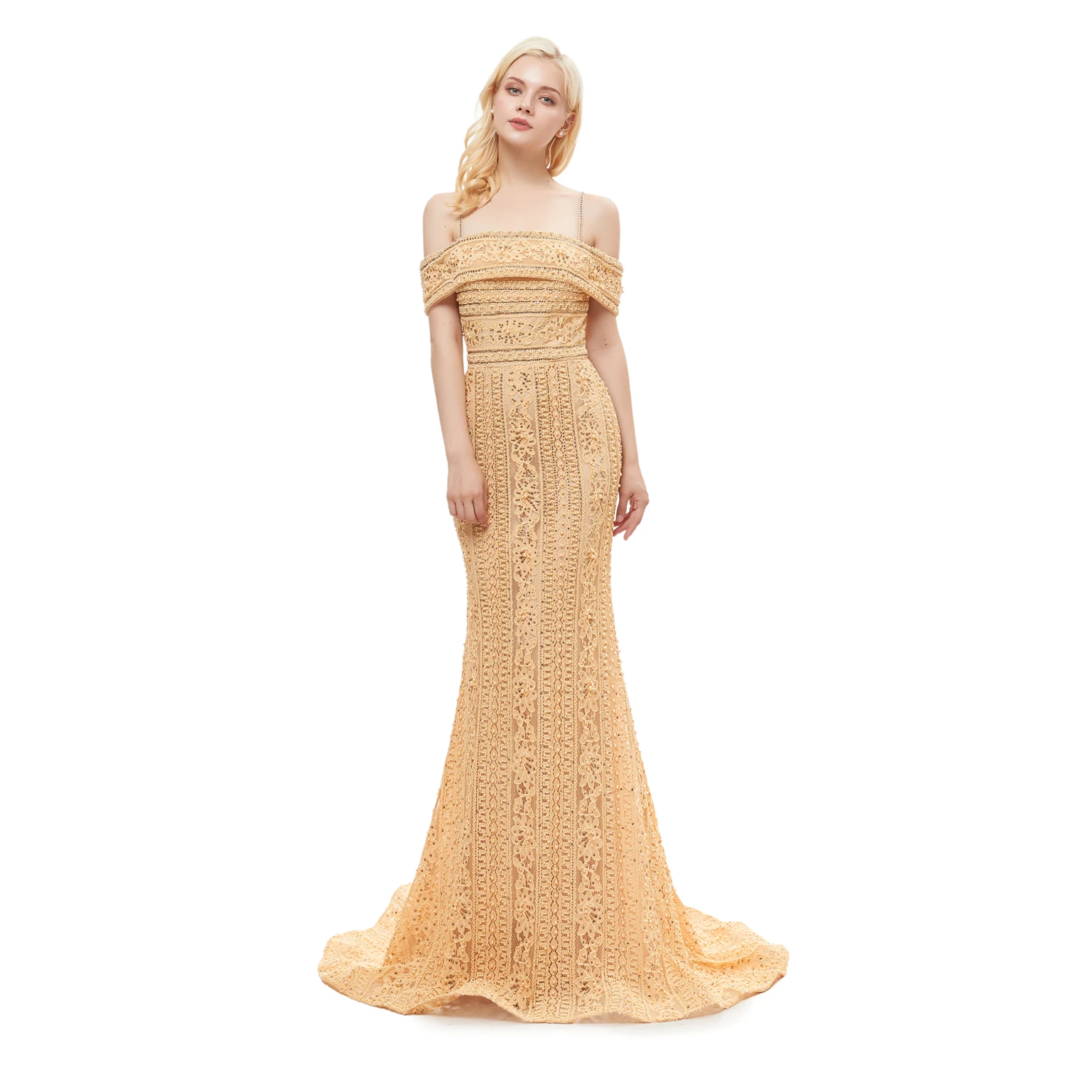 Женское длинное платье с жемчугом и открытыми плечами без рукавов | Свадьбы