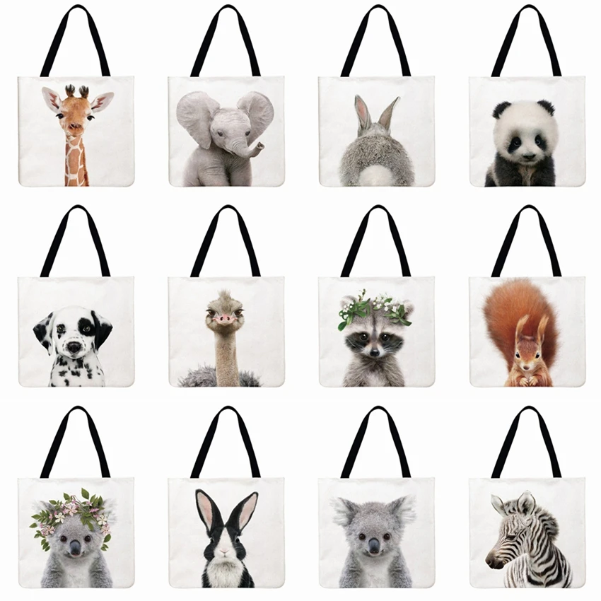 

Women Shoulder Bag Cute Animal With Flower Printing Tote Bag Linen Febric Casual Tote Reusable Shopping Bag Foldable Beach Bag