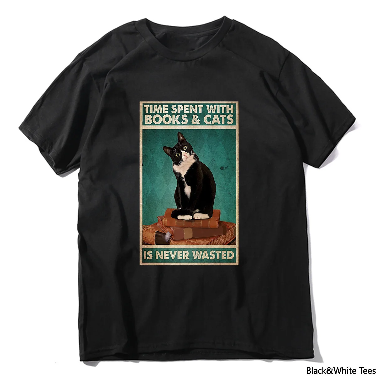 

Unisex Time Spent with Books and Cats Is Never Wasted Reading Cat Lovers Casual Summer Men's T-Shirt