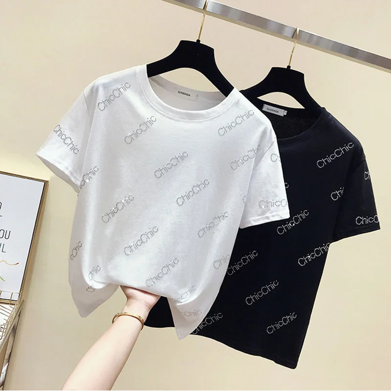 Футболка женская хлопковая с коротким рукавом белая со стразами | Женская одежда