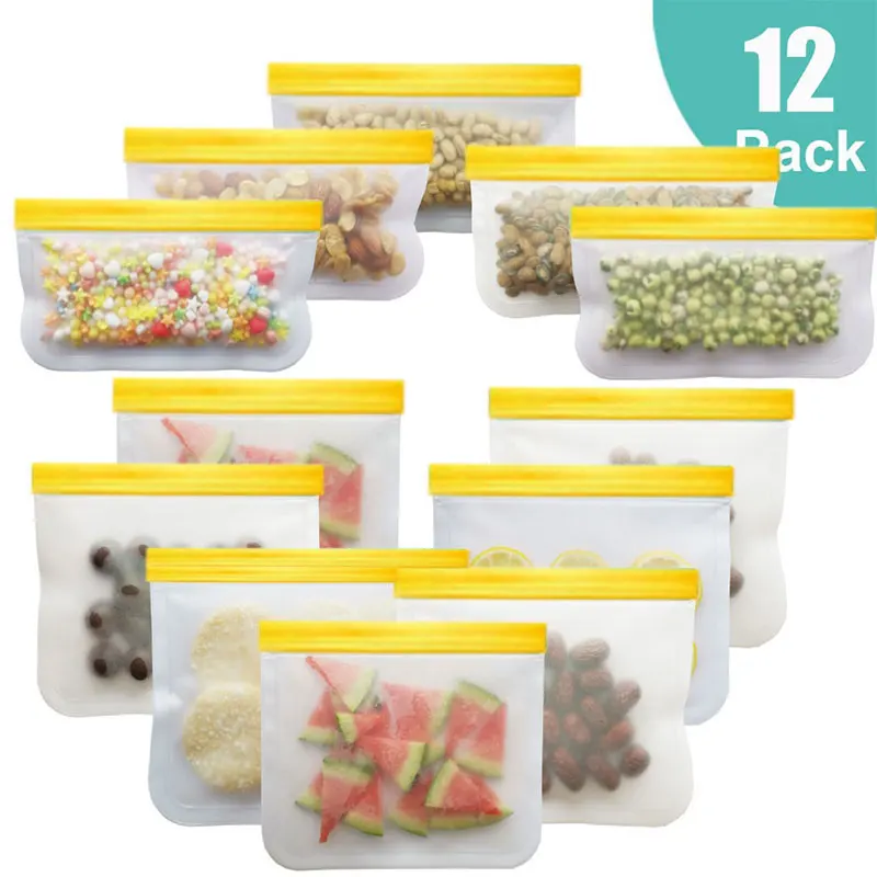 

12 pieces/set Of Silicone Food Bag Frosted Silicone Food Bag Reusable Frozen Fresh-Keeping Bag Zipper Leak-Proof Top Fruit Bag