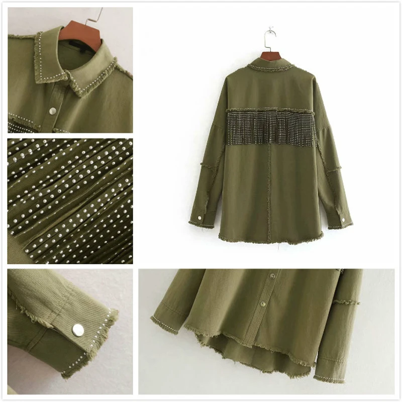 Женская джинсовая куртка с заклепками зеленая и черная однотонная Свободная из