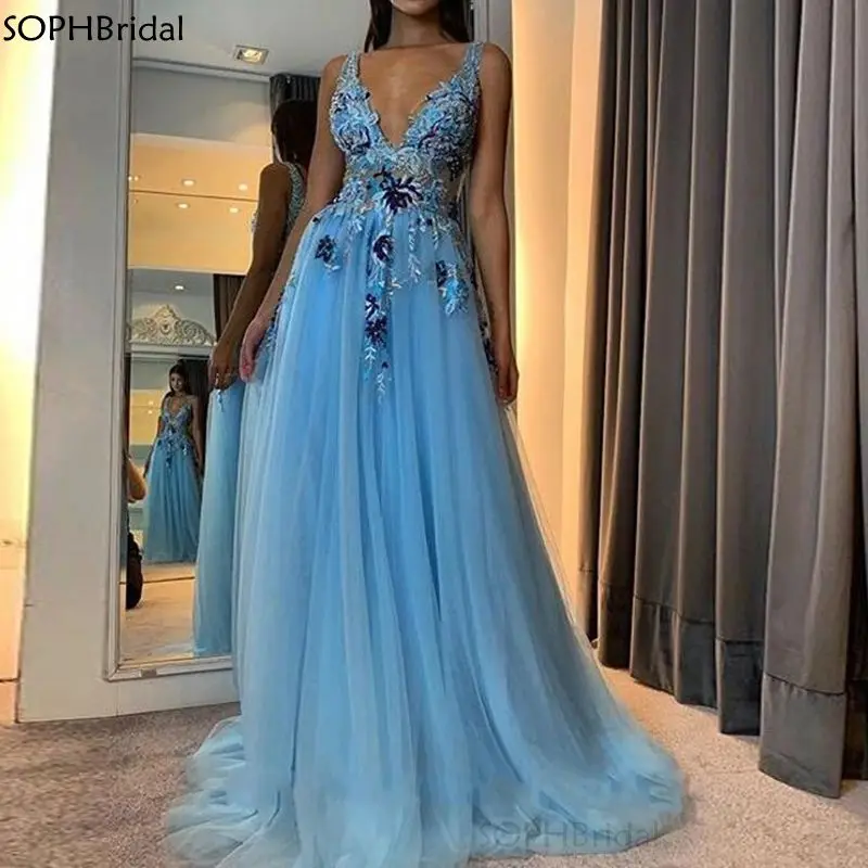 

New Arrival V Neck Sexy Evening Dresses Backless Prom Light Blue Appliques Abendkleider Abiye Robe de Soirée Vestidos Formales