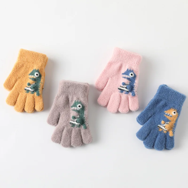 

Factory Wholesale Children's Gloves Cartoon Dinosaur Warm Winter Knitting Gloves Full Finger Five Finger Gloves Winter Gloves