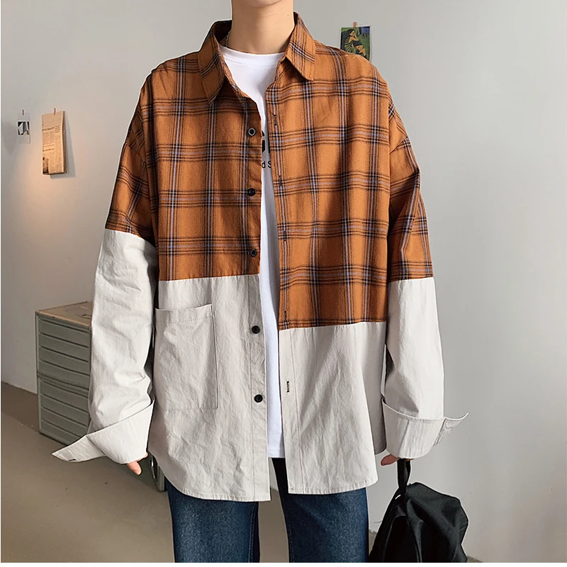 

Men's Long-Sleeved Plaid Shirt Casual Stitching Stand-Up Collar Trend Student Large Size Spring Autumn Male Tops MA063