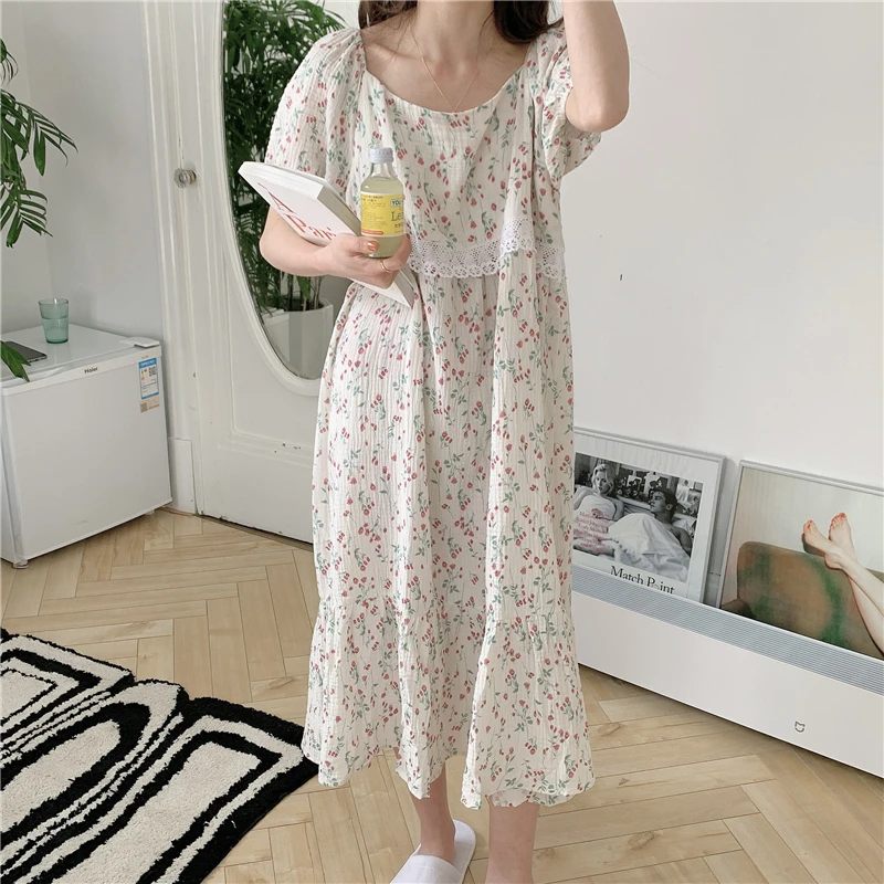 

CBAFU floral print short sleeve crepe cotton nightgowns women summer sleepwear nightdress puff sleeve dresses homewear M976