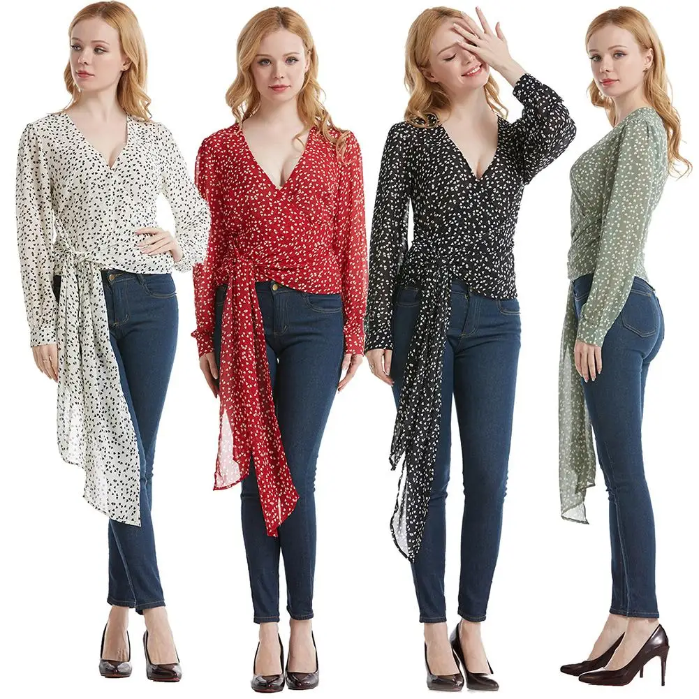 

Women Fashion Sexy V Neck Heart Print Waist Lace Up Long Sleeve Shirt Blouse
