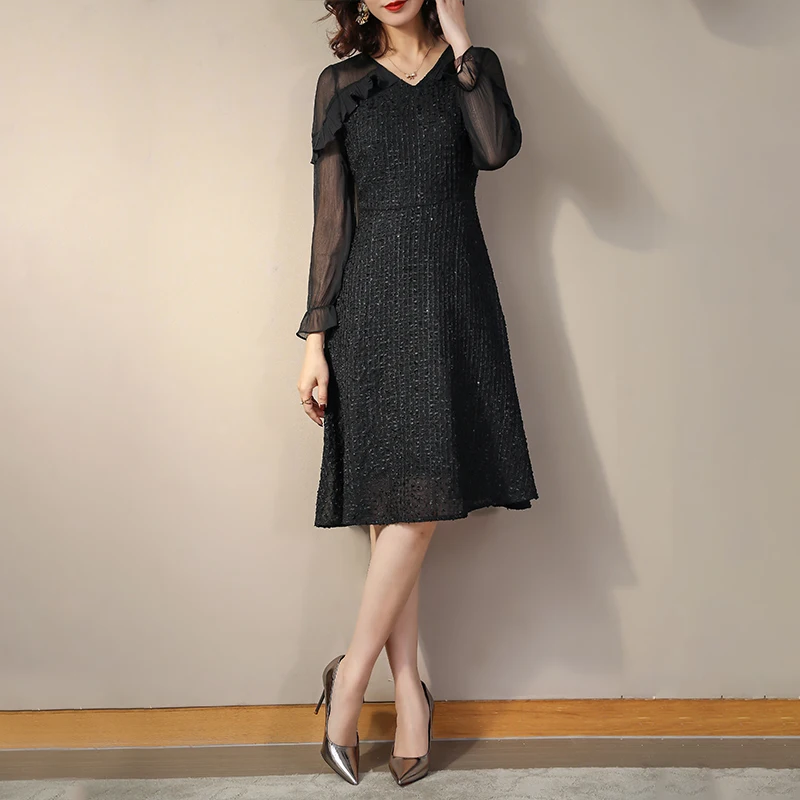Размер весеннее Элегантное Черное Сетчатое платье с длинным рукавом Женские