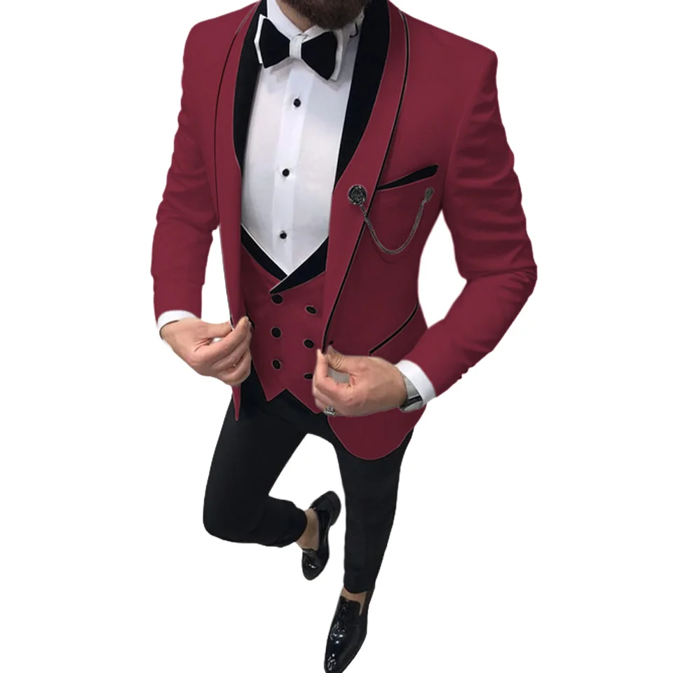 Men's Suits Slim Fit 3 Piece Prom Tuxedos Shawl Lapel Double Breasted Vest Tuxedos Blazer Wedding Party (Blazer+vest+Pants）