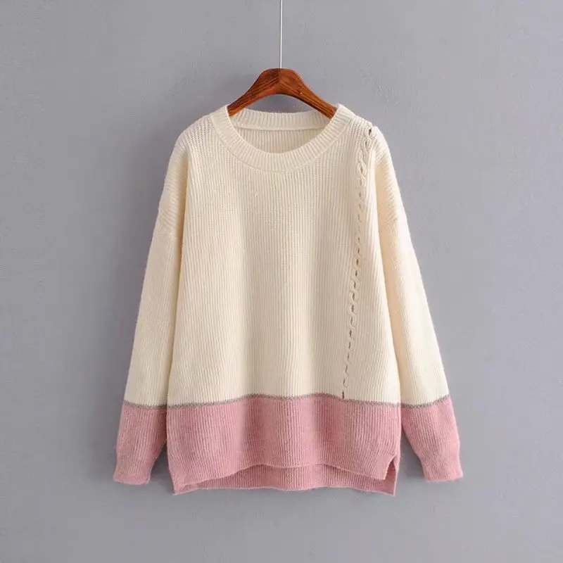 

Women Clothes 2019 Autumn and Winter Clothes Women Lazy Wind Round Neck Color Matching Pull Femme Pullover Women Sweater Women