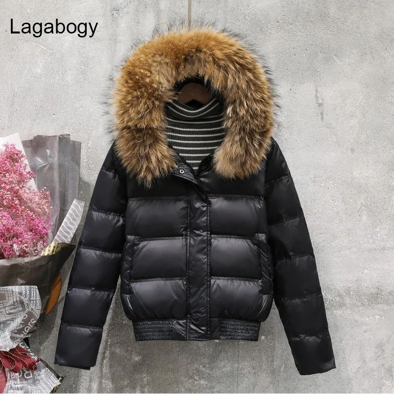 

Lagabogy 2021Big Real Raccoon Fur New Winter Coat Women Hooded Short Warm Puffer Jacket Waterproof Female White Duck Down Parka