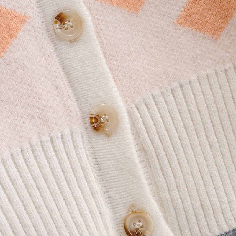 

HWLZLTZHT Single Breasted Loose Knitted Cardigan Diamond Lattice Sweater Vintage V Neck Long Sleeve Female Outerwear Chic Tops