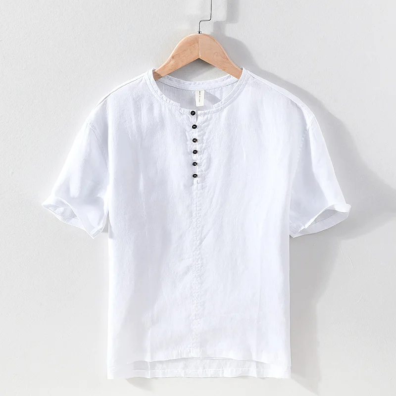 

100% Linen Short Sleeve T Shirt for Men Summer New O-Neck Top Male Fashion Casual Solid White Tee Retro T Shirt