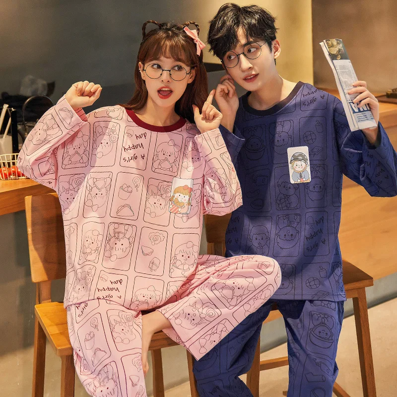 Новинка осенне-зимние хлопковые Пижамные комплекты для пар брюки с круглым