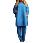 Комплект из 2 предметов, африканская одежда, женские длинные топы с воротником-лодочкой и брюки, костюмы 2021, новый однотонный уличный стиль, Повседневная африканская одежда, наряды