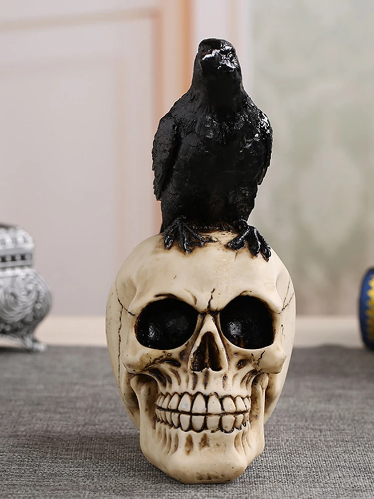 Creative Vintage Skeleton Statue Halloween Skull Crow Sculpture Ornament Decor Home Office Desk Decoration Crafts Gift | Дом и сад