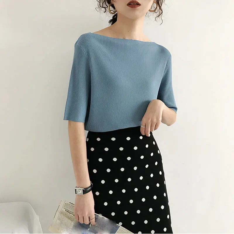 2019 Летняя женская повседневная однотонная трикотажная футболка с коротким