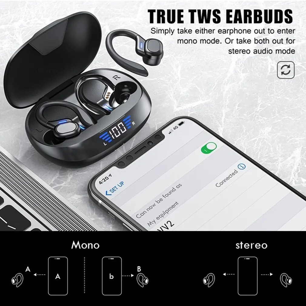 

TWS Bluetooth-Compatible Earphones With Microphones Sport Ear Hook LED Display Wireless Headphones HiFi Stereo Earbud Waterproof