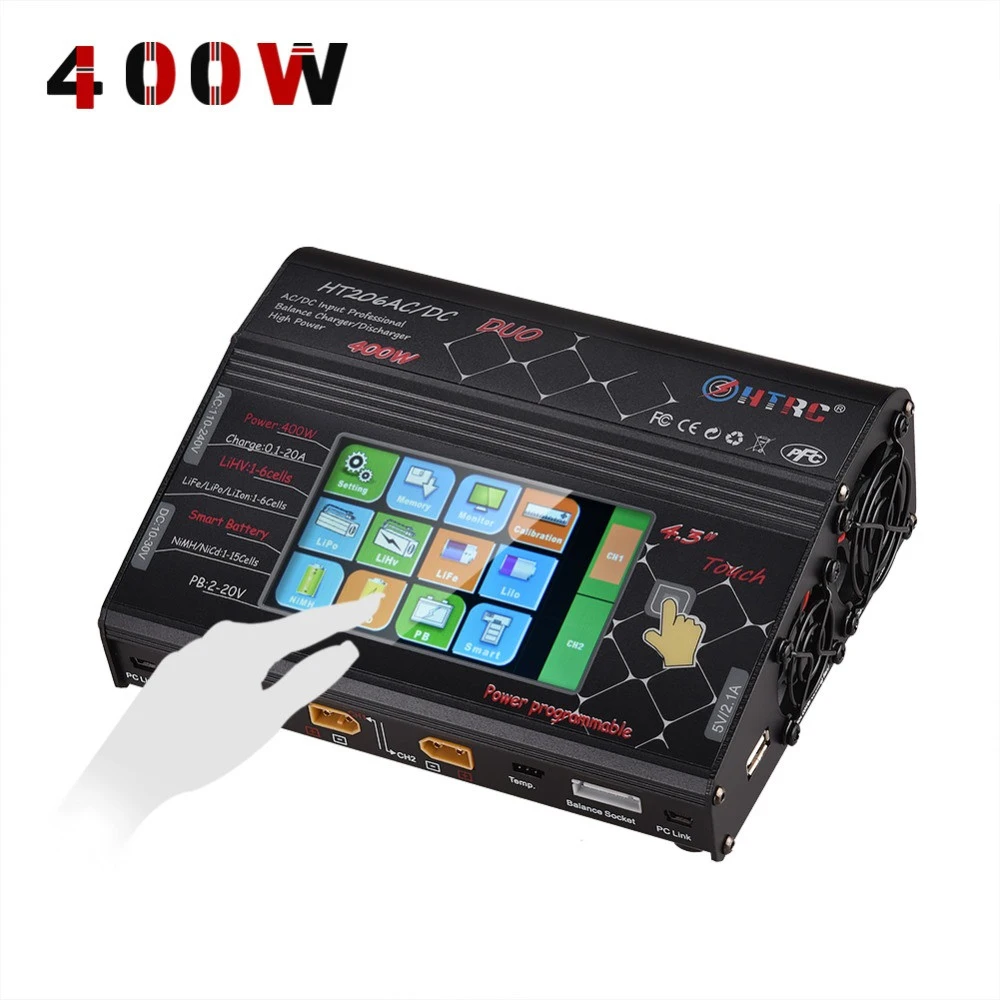 HTRC HT206 DUO AC/DC 200 Вт* 2 20A* 2 двухпортовый высокомощный цветной сенсорный экран RC зарядное устройство для батареи Lilon/LiPo/LiFe/LiHV