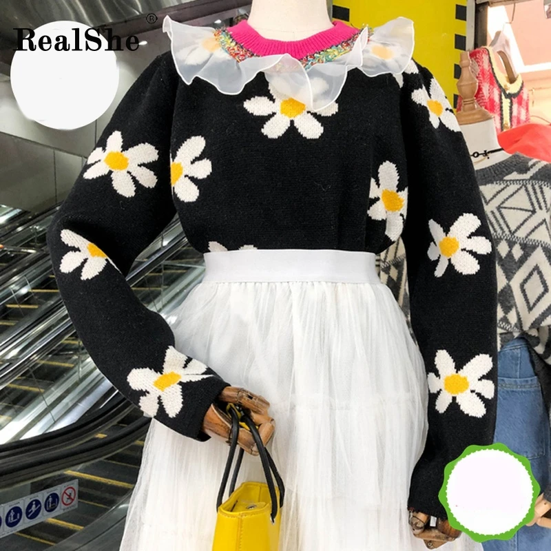 RealShe свитера женские с О-образным вырезом длинный рукав цветочный кардиган
