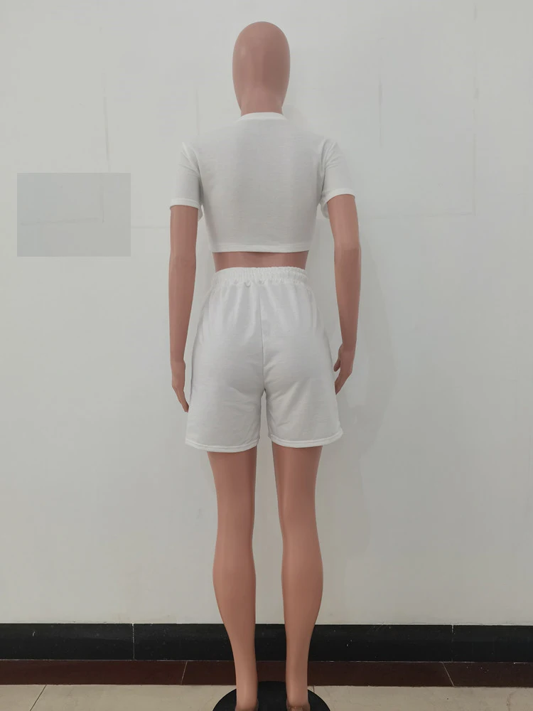 

Joskaa Solid Short Sleeve Crop Top T-Shirt+Bandage Straight shorts 2 Piece Sets Summer Women Casual Sports Suits Streetwear 2021