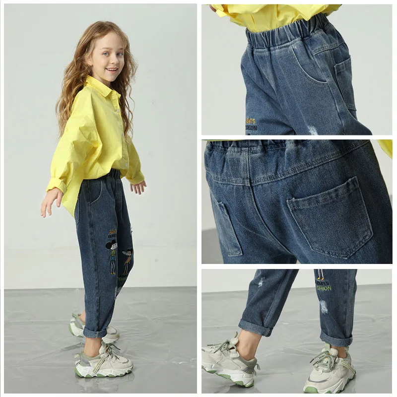 

Kids Girl Jeans Casual Denim Pants Cartoon Trousers For Girls Fashion Children Clothes Elastic Waist Embroidered Ripped Jeans
