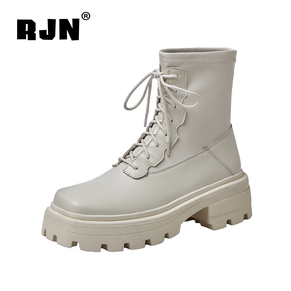 Murah RJN Gaya Baru Musim Gugur Sepatu Bot Unik Square Toe Kulit Sapi Berkualitas Tinggi Lace-Up Wanita Sepatu Platform Boots RO321