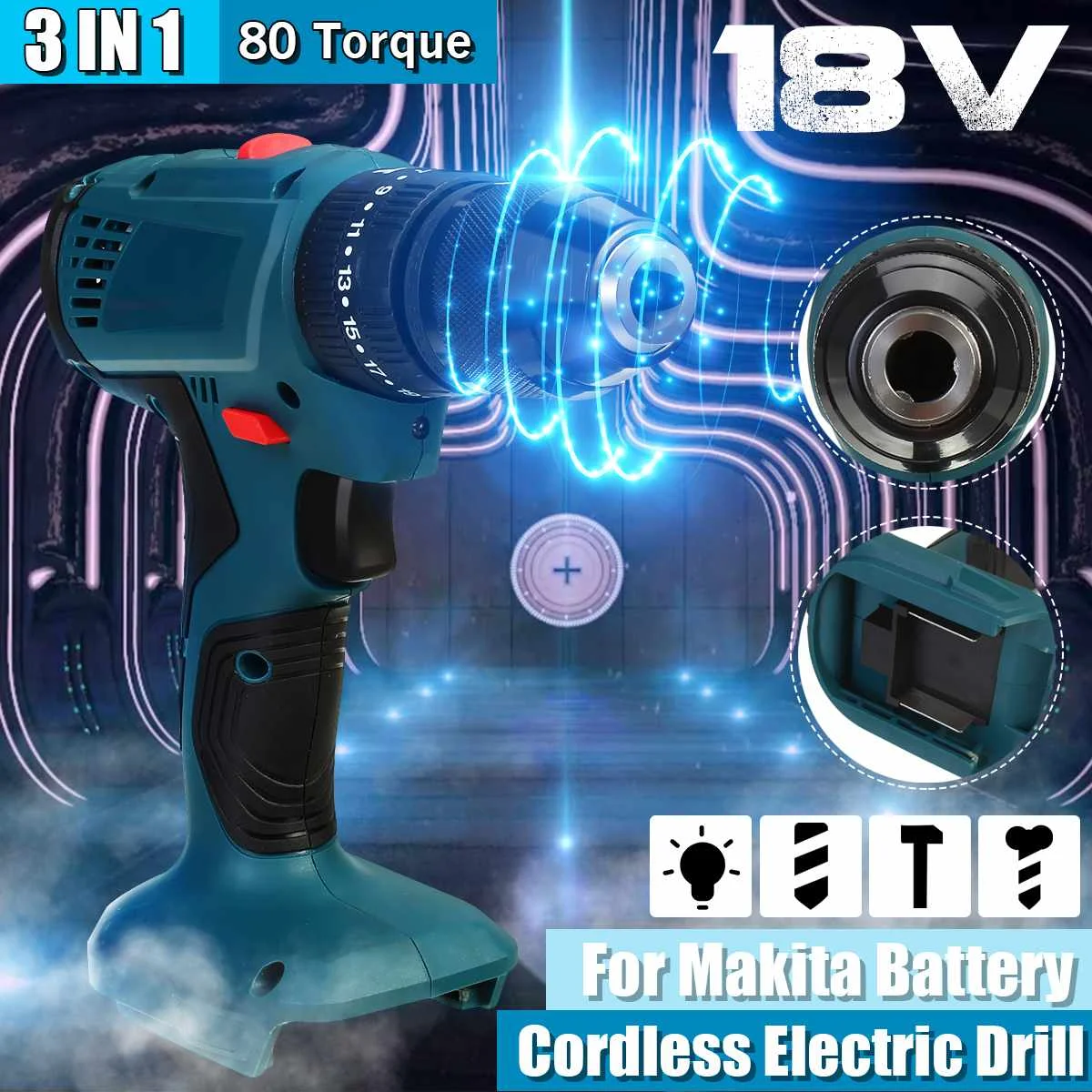 

95Nm 3 in 1 Electric Drill Hammer Screwdriver with LED Light 10mm Cordless Impact Drill for Makita 18V 21V Battery