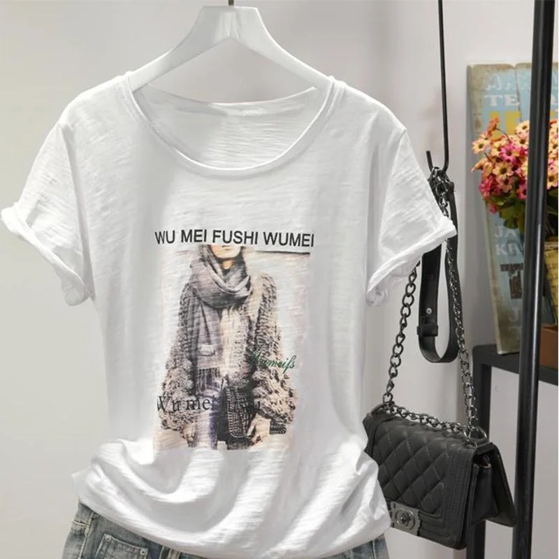 

2021 New Fashion Women Shirts 100% Cotton T Shirt Woman Summer O Neck Short Sleeve T-shirt Woman Korean Style Plus Size Shirt