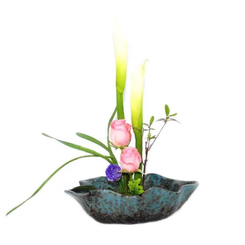 

Ikebana Lotus Leaf Style Flowerpot Flower Arrangement Basin Hydroponic Planters Vintage Flower Pot Tabletop Coarse Pottery Vase