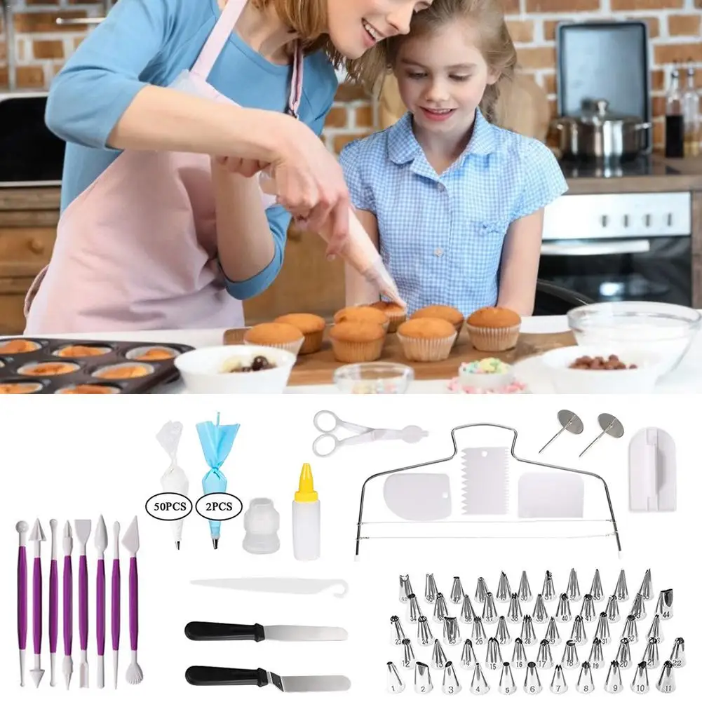 129pcs Cake Decorating Tools Baking Confectionery Kit 50PCS Piping Icing Tips Nozzles Turntable Spatula Fondant Tool # |