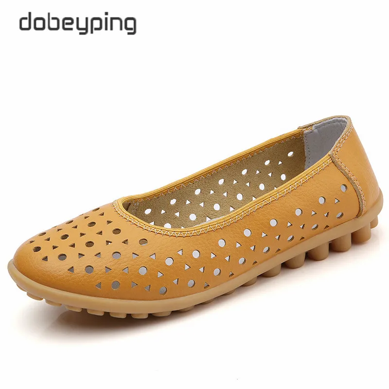 dobeyping Breathable Women Summer Flats Genuine Leather Woman Shoes Slip On Cut Outs Women's Loafers Mother Walking Peas Shoe