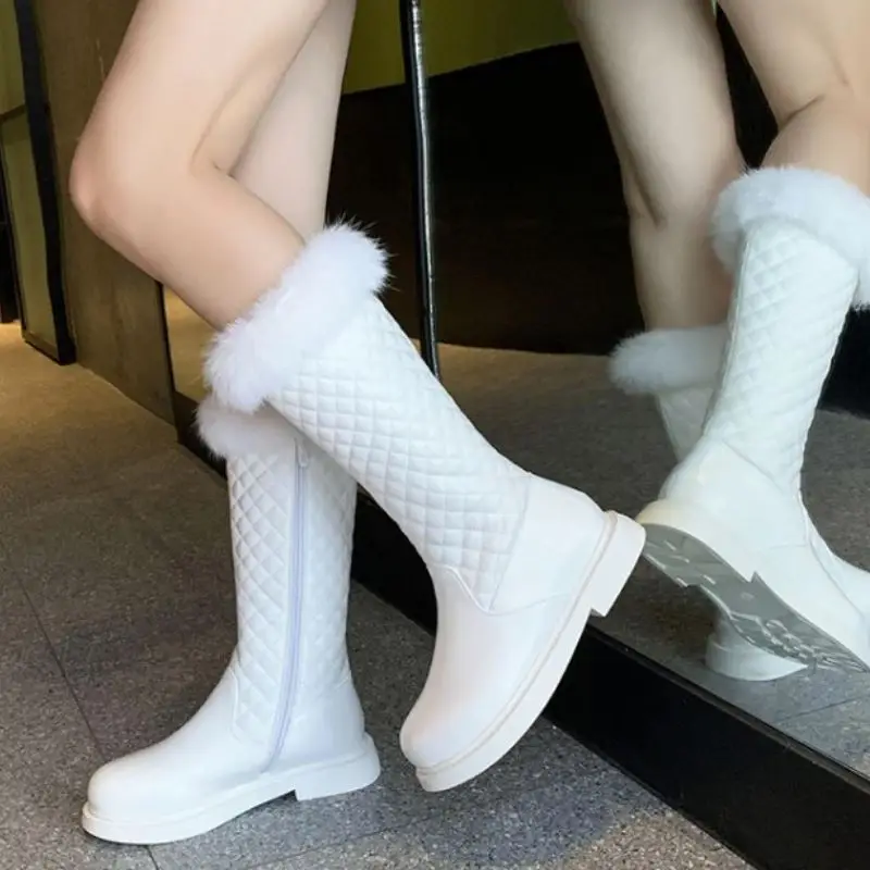 

Rizabina Real Leather Women Mid Calf Boots Thick High Heel Platform Zipper Shoes Cross Strap Warm Boots Footwear Size 34-39