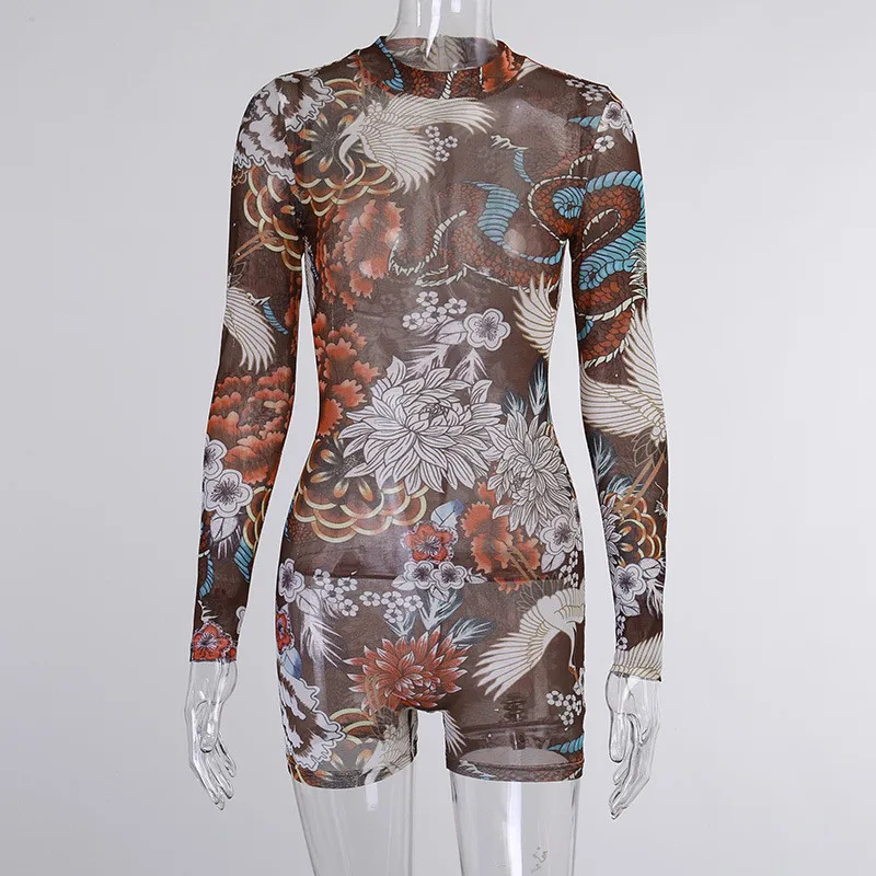 Autumn Winter Women 2020 High Street Long Sleeve Printed Playsuit Sexy See Through Mesh Bodycon Club Jumpsuit Romper Streetwear